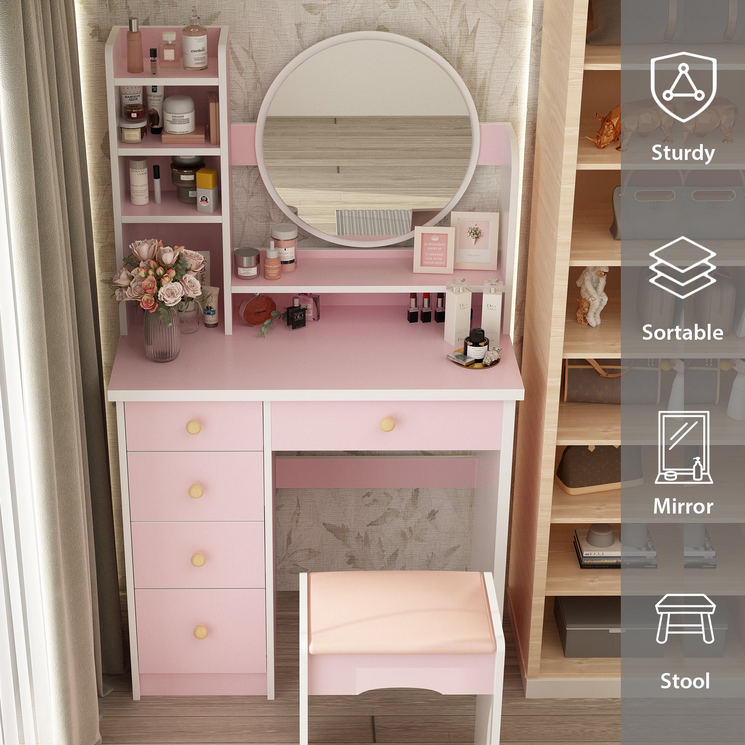 Makeup Vanity Set with Cushioned Stool, 5 Drawers & Display Shelves