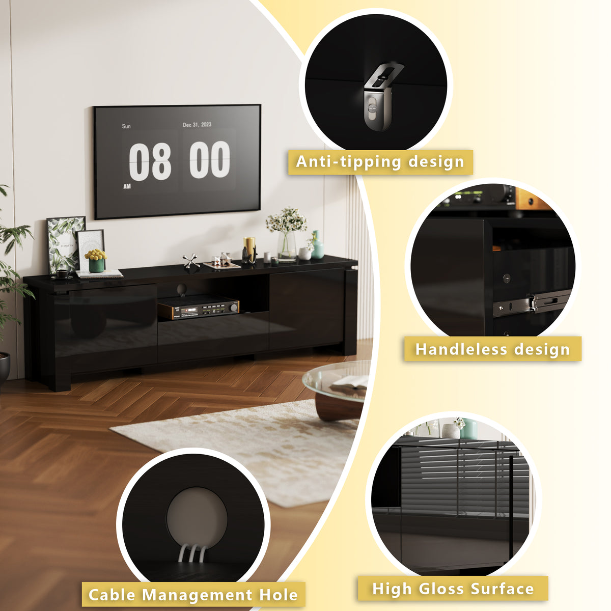 70" Modern Black TV Stand with LED Lights & Storage