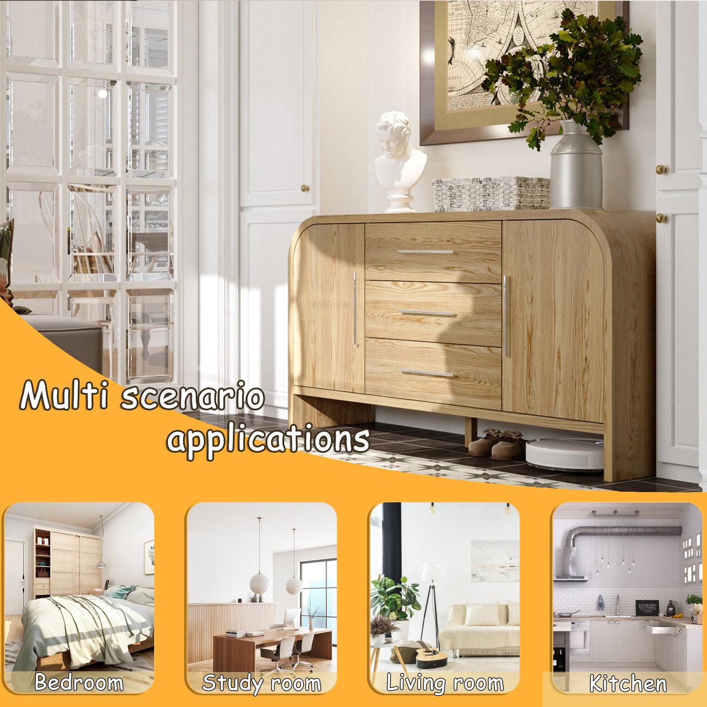 59" Minimalist Natural Sideboard Cabinet Buffet Storage Cabinet With Hinged Doors and Pull-out Drawers