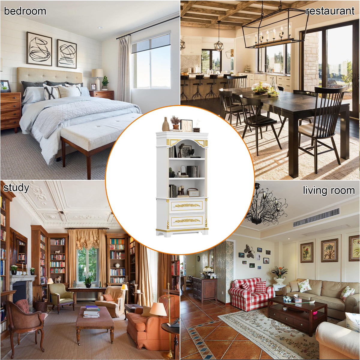 Collage of a bedroom, restaurant, study, and living room with a focus on a bookshelf.