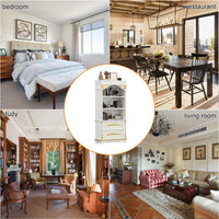 Collage of a bedroom, restaurant, study, and living room with a focus on a bookshelf.
