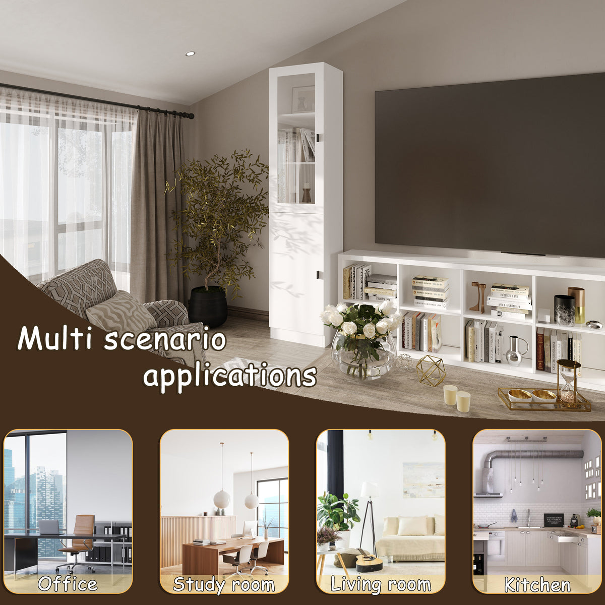 15.7" Modern White 5-Tier Slim Bookcase with Tempered Glass Door
