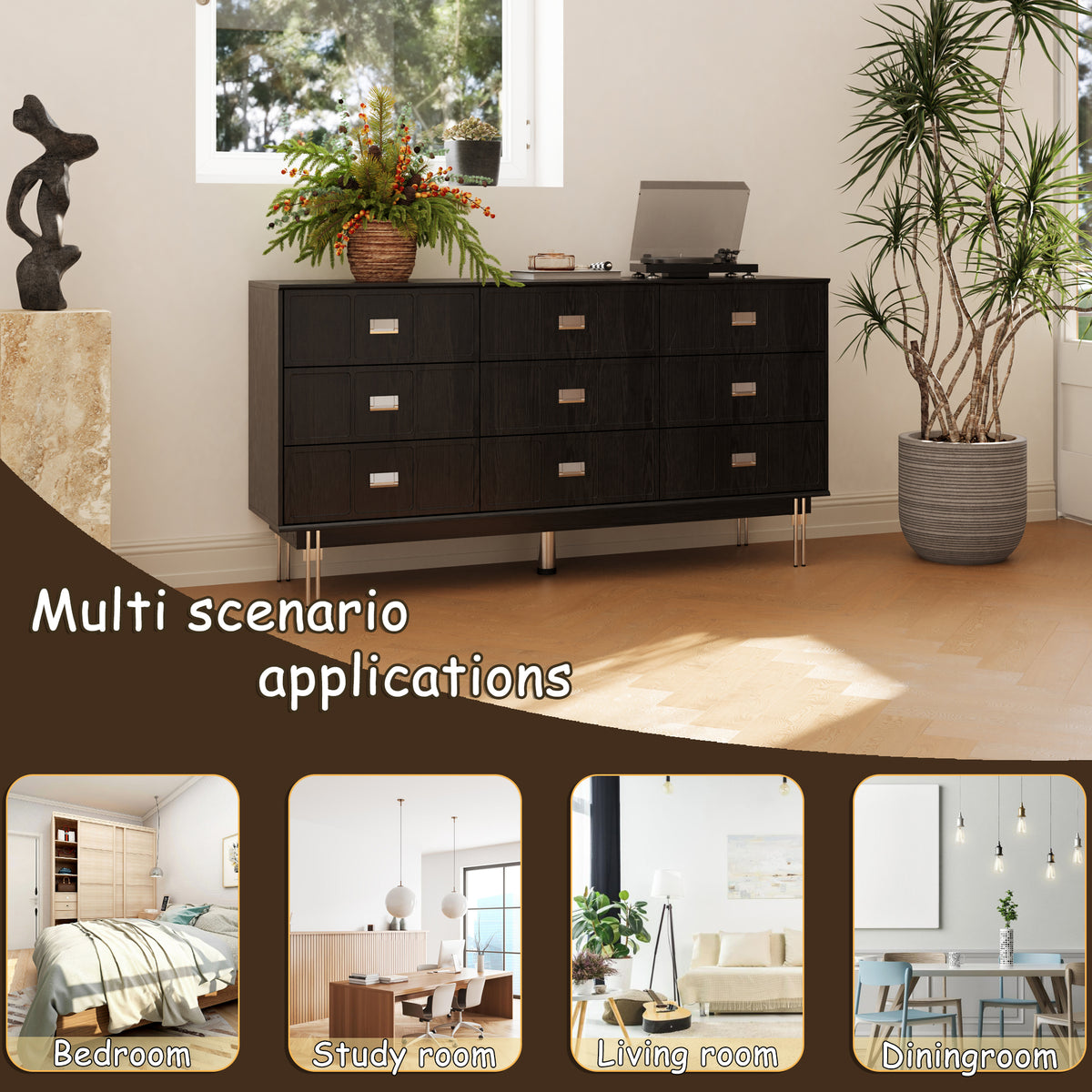 63" Modern Black Dresser with 9 Drawers, Metal Legs and Square Handles