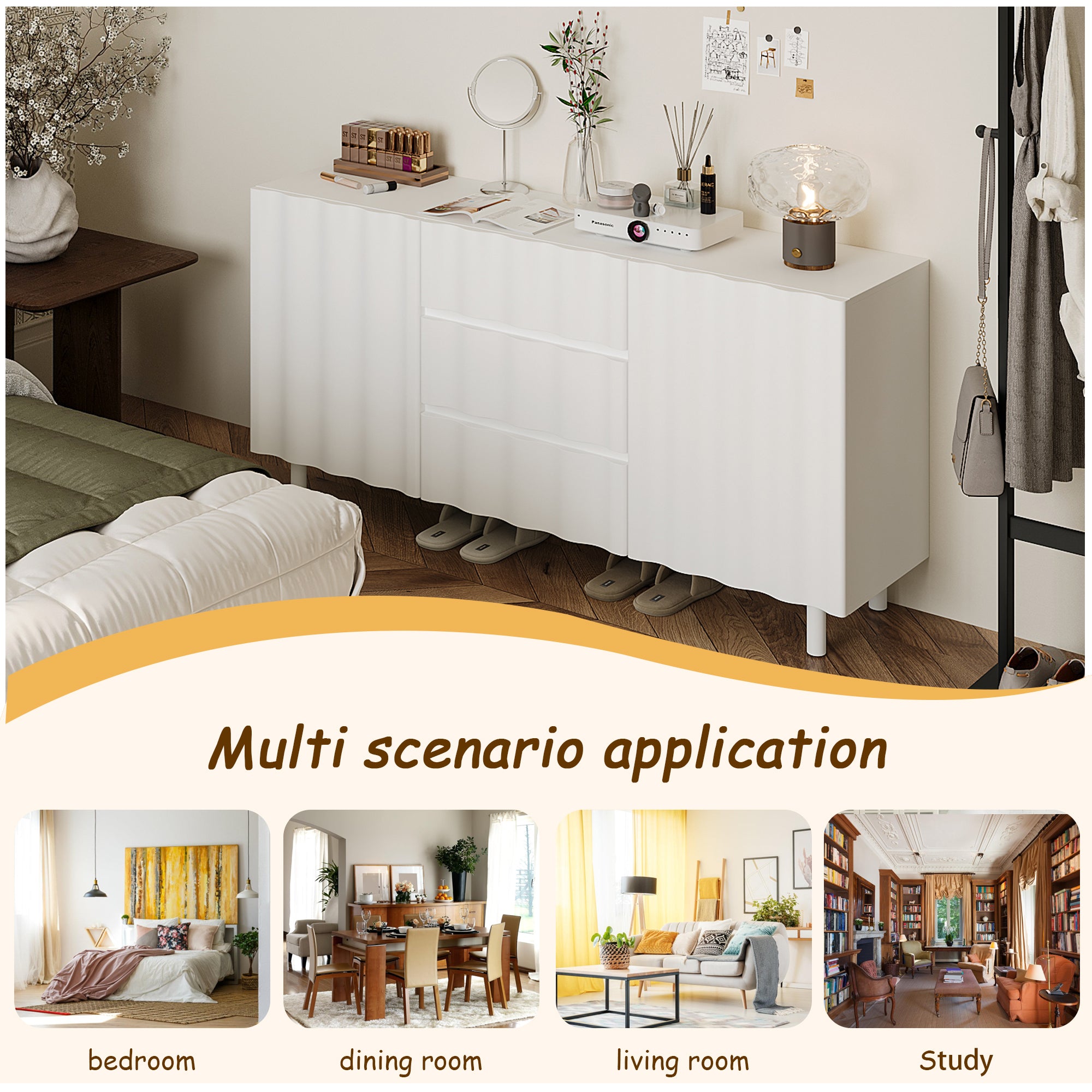 61" Wide White Accent Cabinet With 3 Drawers & 2 Doors