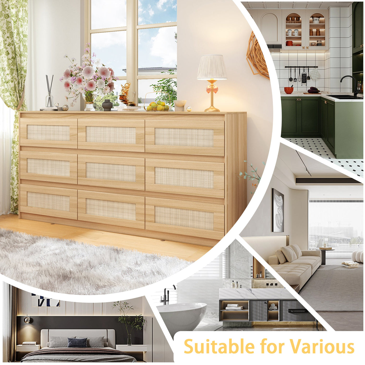 62.9" Modern Country Natural Medium Wood Dresser With 9 Pull-out Drawers