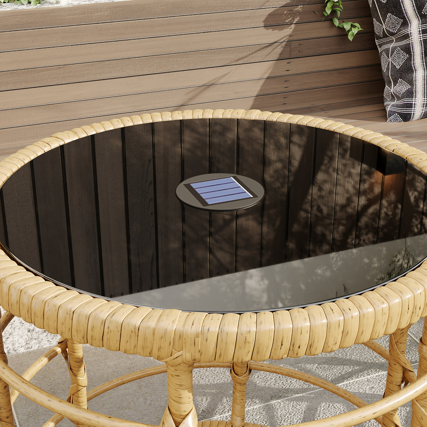 17.7" Boho Wood Solar Nesting Tables with Built-in Lights