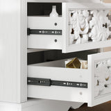 Dining room with a white ornate cabinet and wooden table