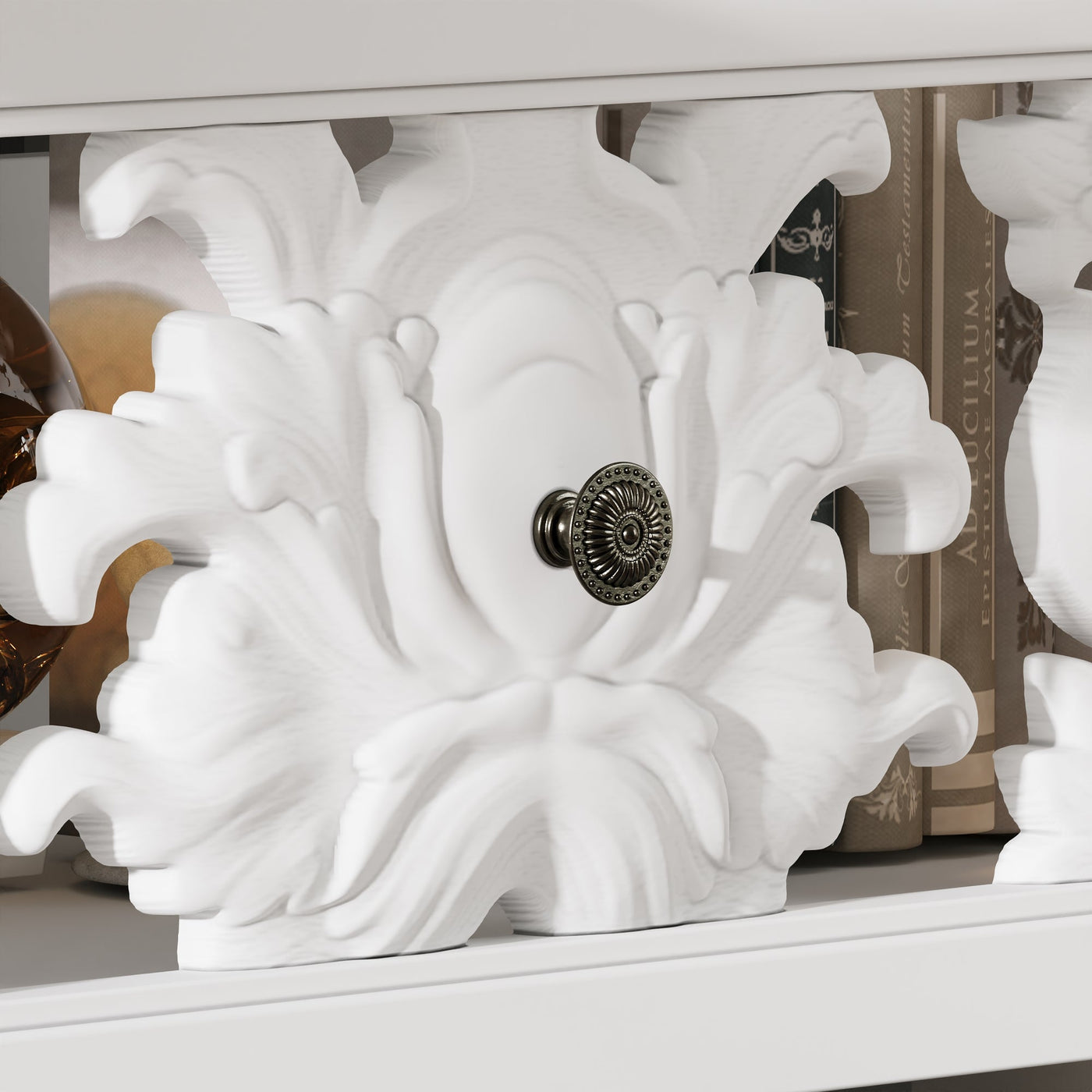 Dining room with a white ornate cabinet and wooden table