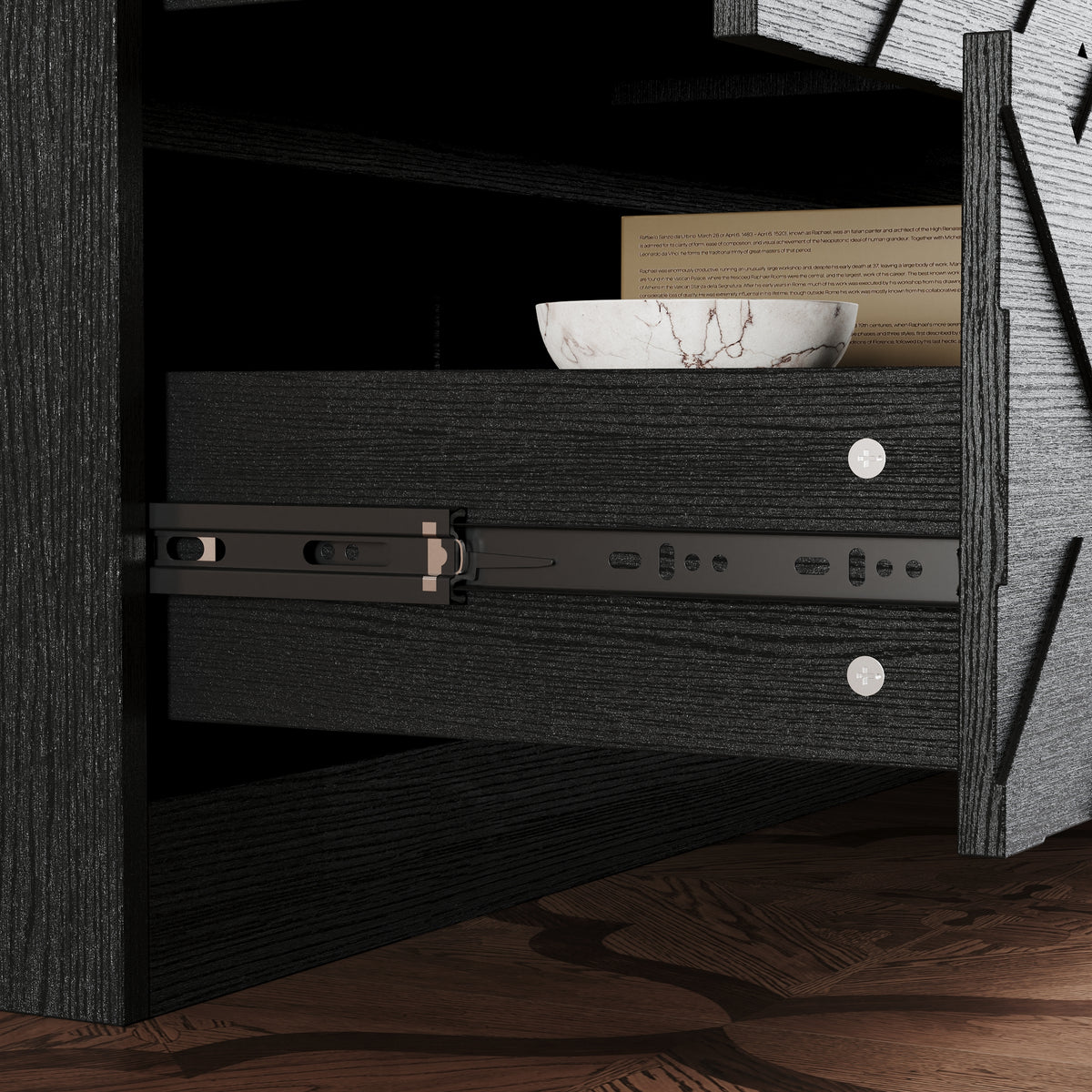 63" Rustic Black 6-Drawer Dresser with Gold Knobs and Geometric Patterns
