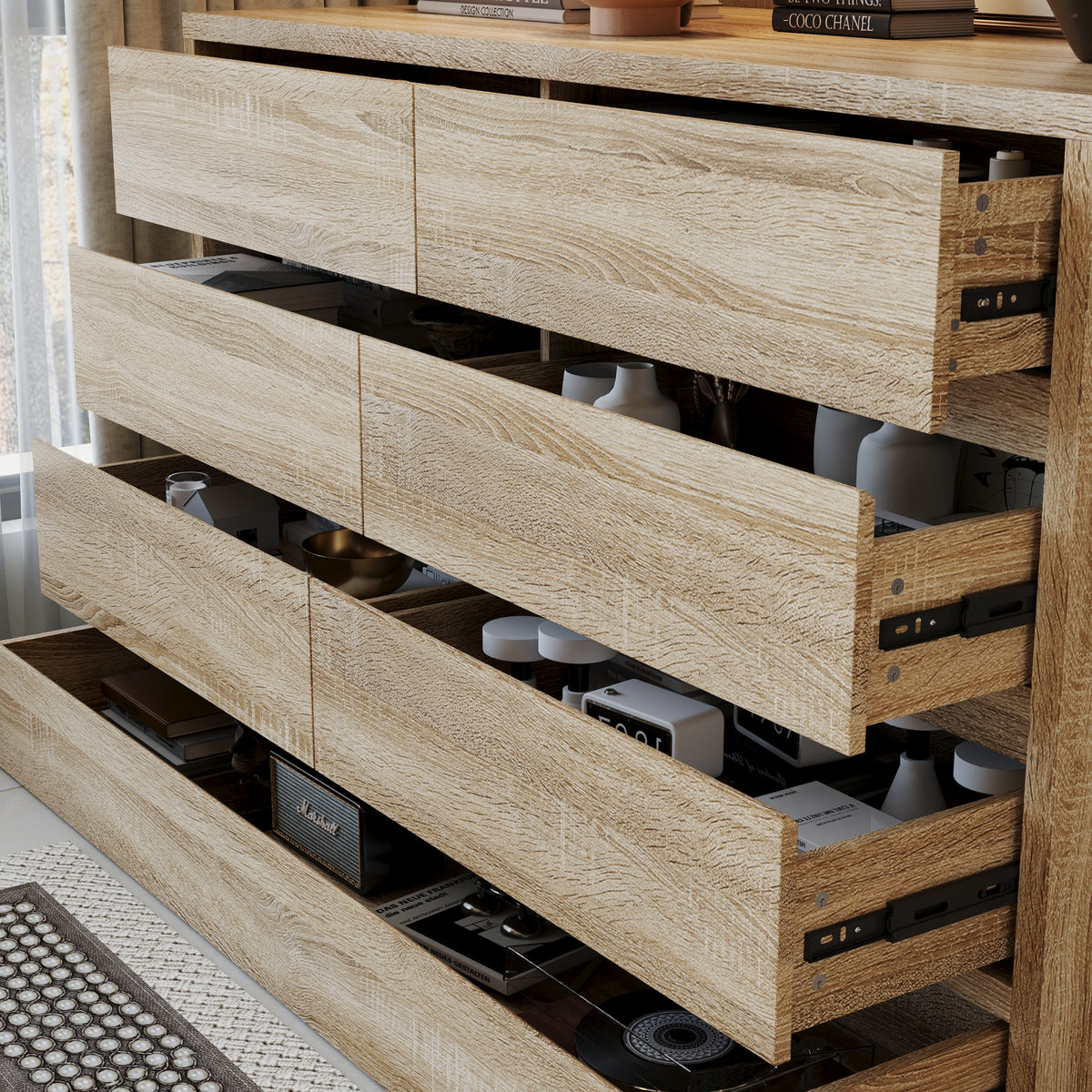 55.1" 7-Drawer Wood Chest Dresser with Hidden Compartments and Large Kick Drawer