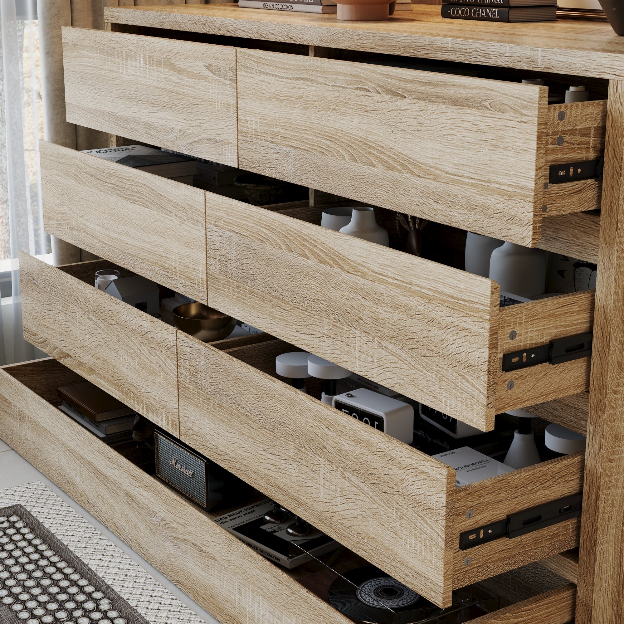 55.1" Wide 7-Drawer Chest Dresser With Extra-Large Kick Drawer & Hidden Compartments