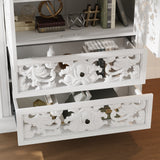 Dining room with a white ornate cabinet and wooden table