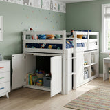White kids loft bed with storage cabinets, shelves, and ladder