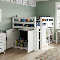 White kids loft bed with storage cabinets, shelves, and ladder