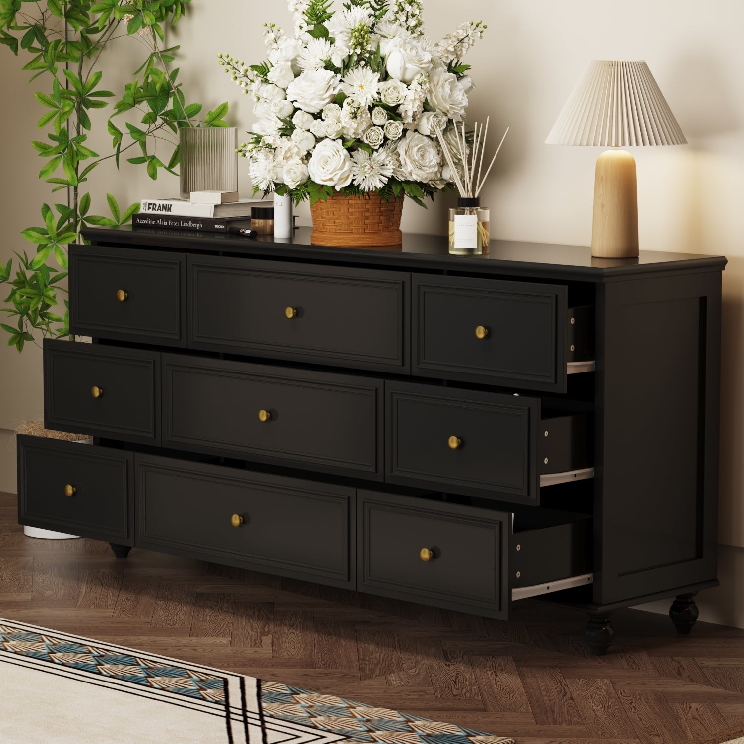 Modern 9-Drawer Triple Dresser White Finish Wide Storage Chest Sideboard for Living Room Bedroom