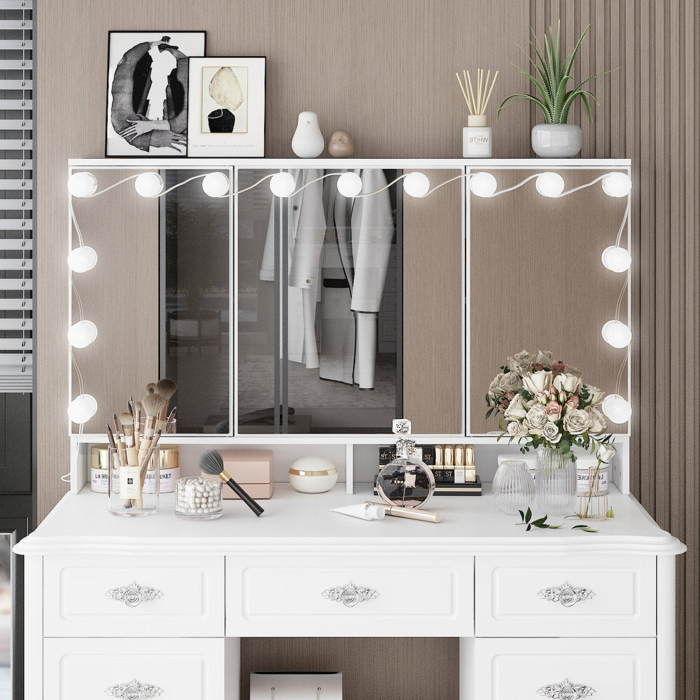 43.3" Modern Minimalist White Vanity Table with 7 Drawers Lights And Mirror