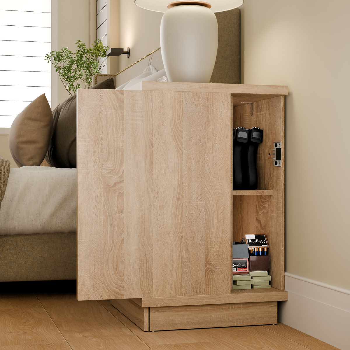 23.6" Oak Engineered Wood 3-Drawer Lockable Smart Nightstand with Hidden Gun Storage Cabinet