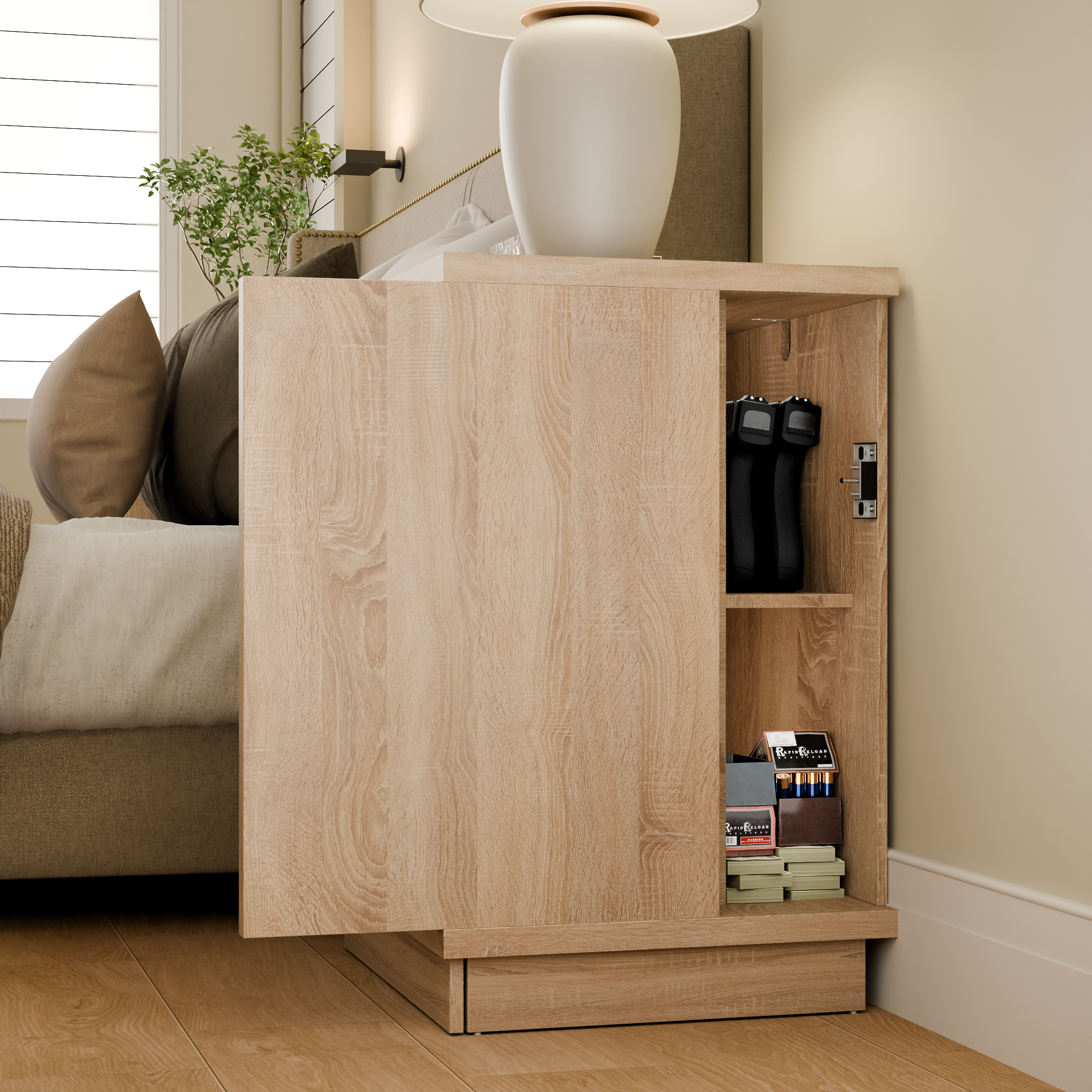 23.6 Inches Oak Engineered Wood 3-Drawer Lockable Smart Nightstand with Hidden Gun Storage Cabinet