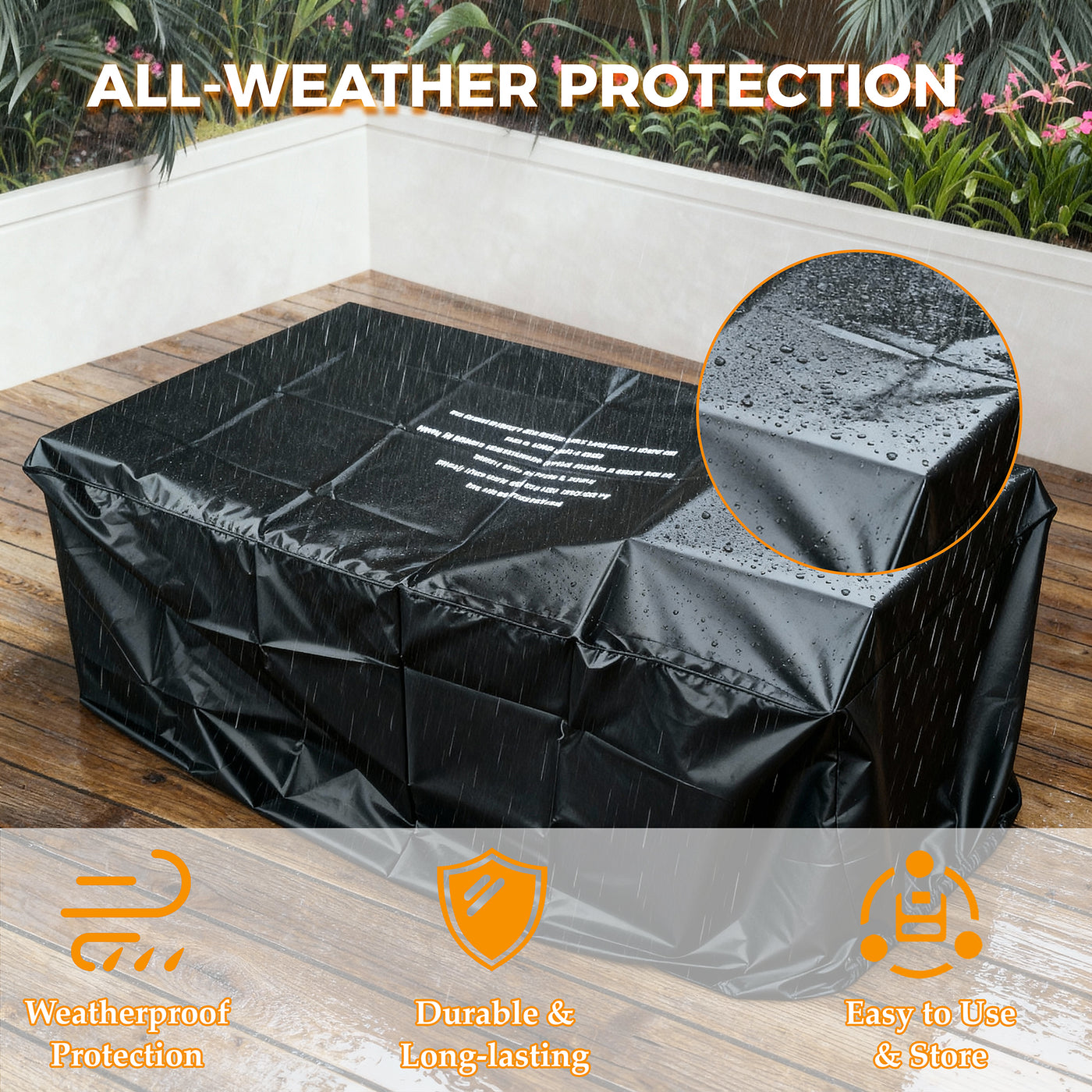 Black all-weather protection cover for outdoor furniture with raindrop detail and text highlighting features.