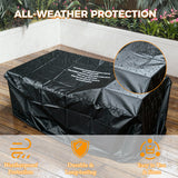Black all-weather protection cover for outdoor furniture with raindrop detail and text highlighting features.
