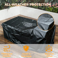 Black all-weather protection cover for outdoor furniture with raindrop detail and text highlighting features.