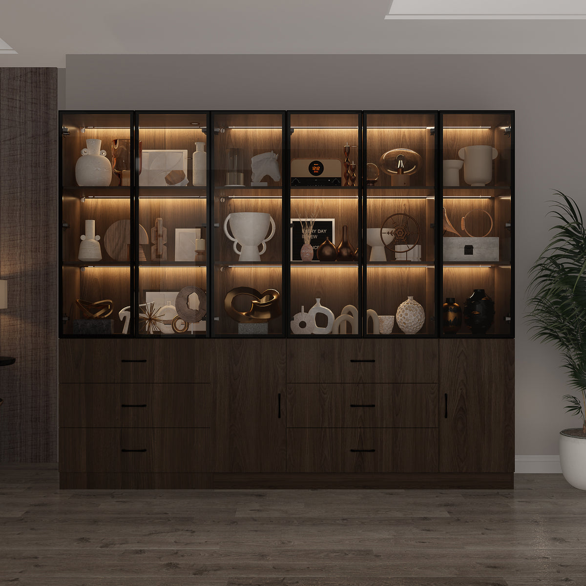 Geyma 94.4" Modern Brown Extra Wide Display Case with LED Lights & 6 Glass Doors