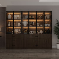 Geyma 94.4" Modern Brown Extra Wide Display Case with LED Lights & 6 Glass Doors