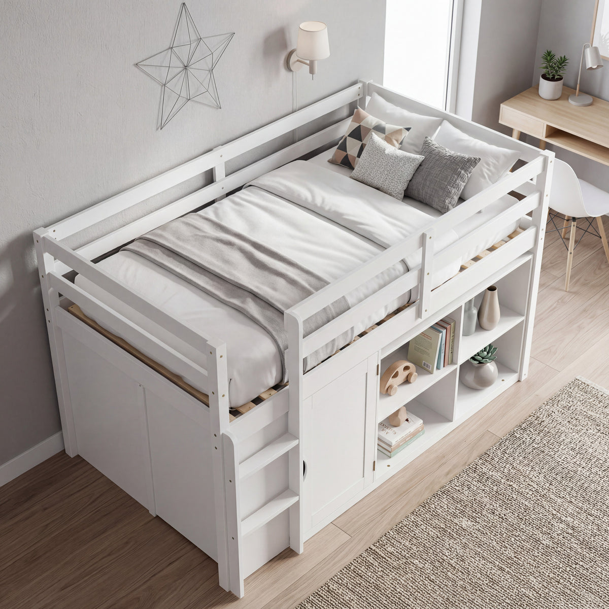 White kids loft bed with storage cabinets, shelves, and ladder