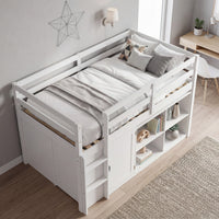 White kids loft bed with storage cabinets, shelves, and ladder