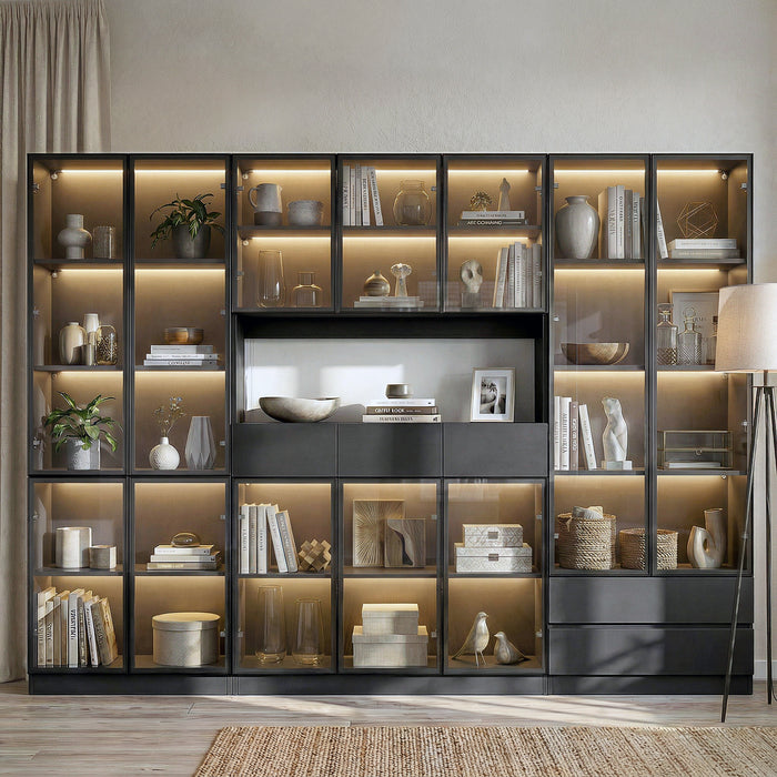 110 inch Modern White/Black Bookcase with Glass Doors, LED Lights and 5 Drawers