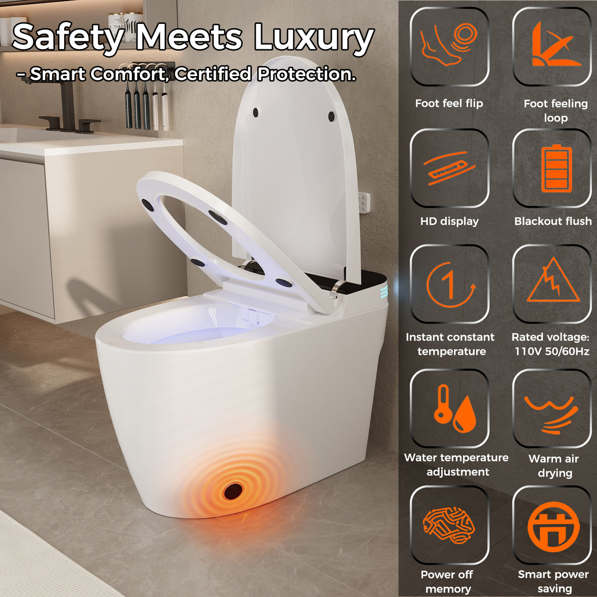 White smart toilet with open lid, built-in bidet, and ambient night light