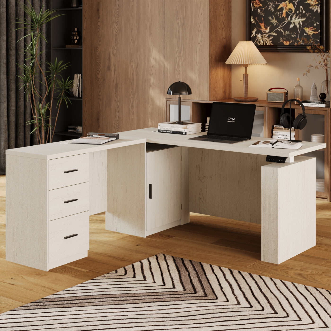 63" Wood-Grain L-Shaped Standing Desk with 3 Drawers