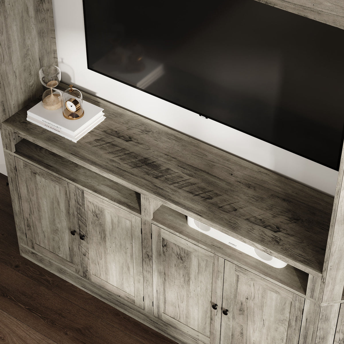 100 inch Modern Gray Entertainment Center with Storage Cabinets and Open Shelves