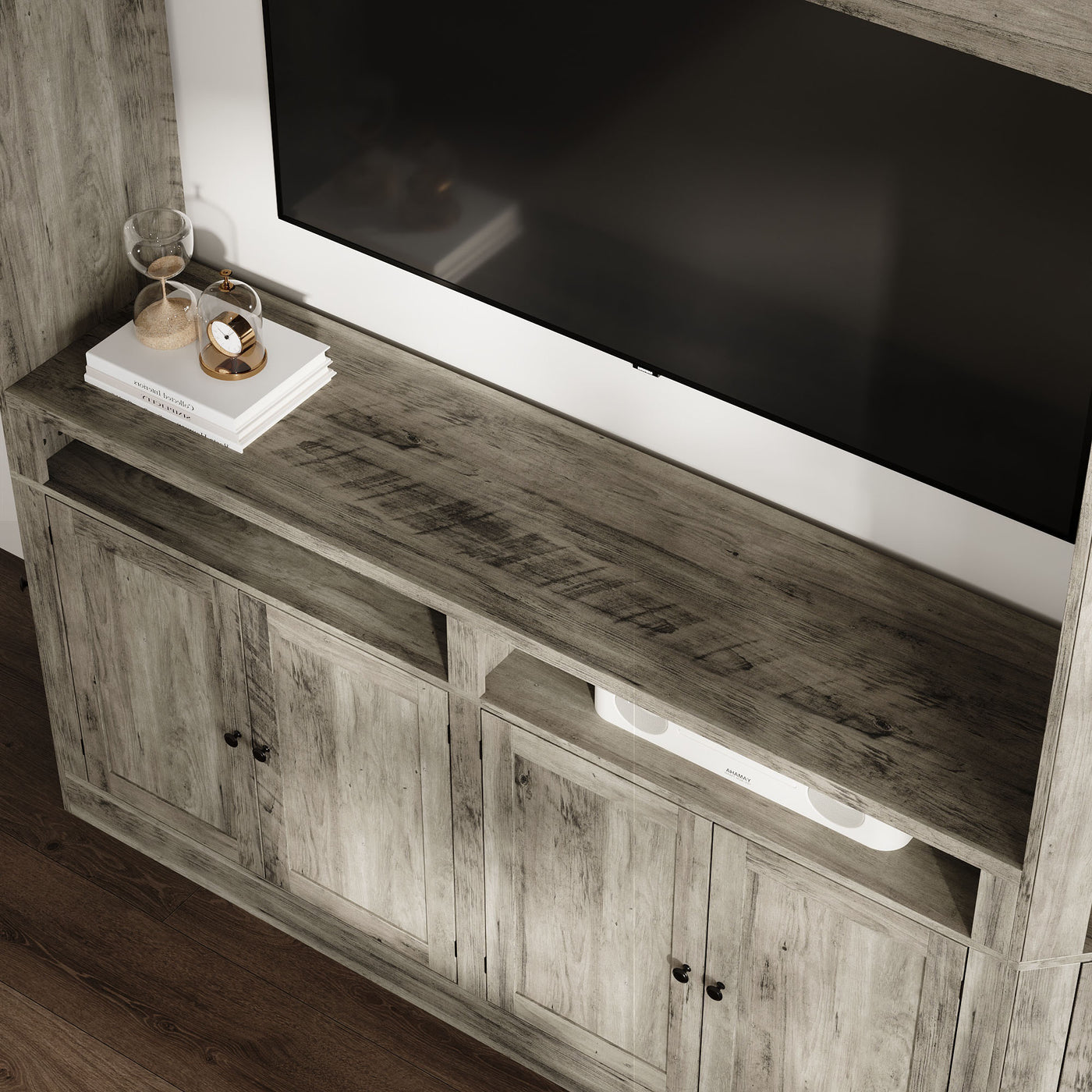 100" Modern Gray Entertainment Center with Storage Cabinets and Open Shelves