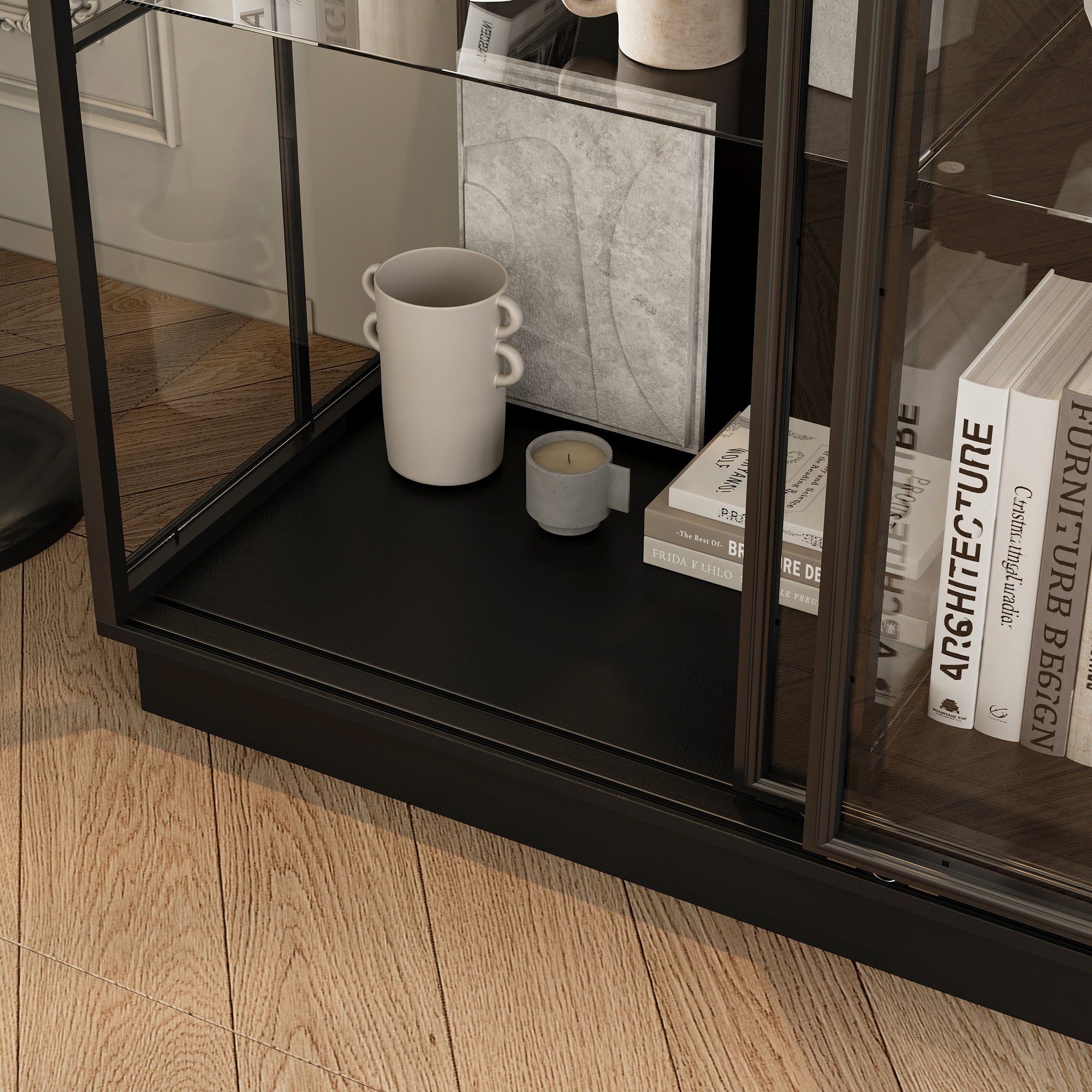 75'' H X 48'' W x 23.6'' D 4-Tier Display Cabinet Bookcase With Glass Doors And LED Light