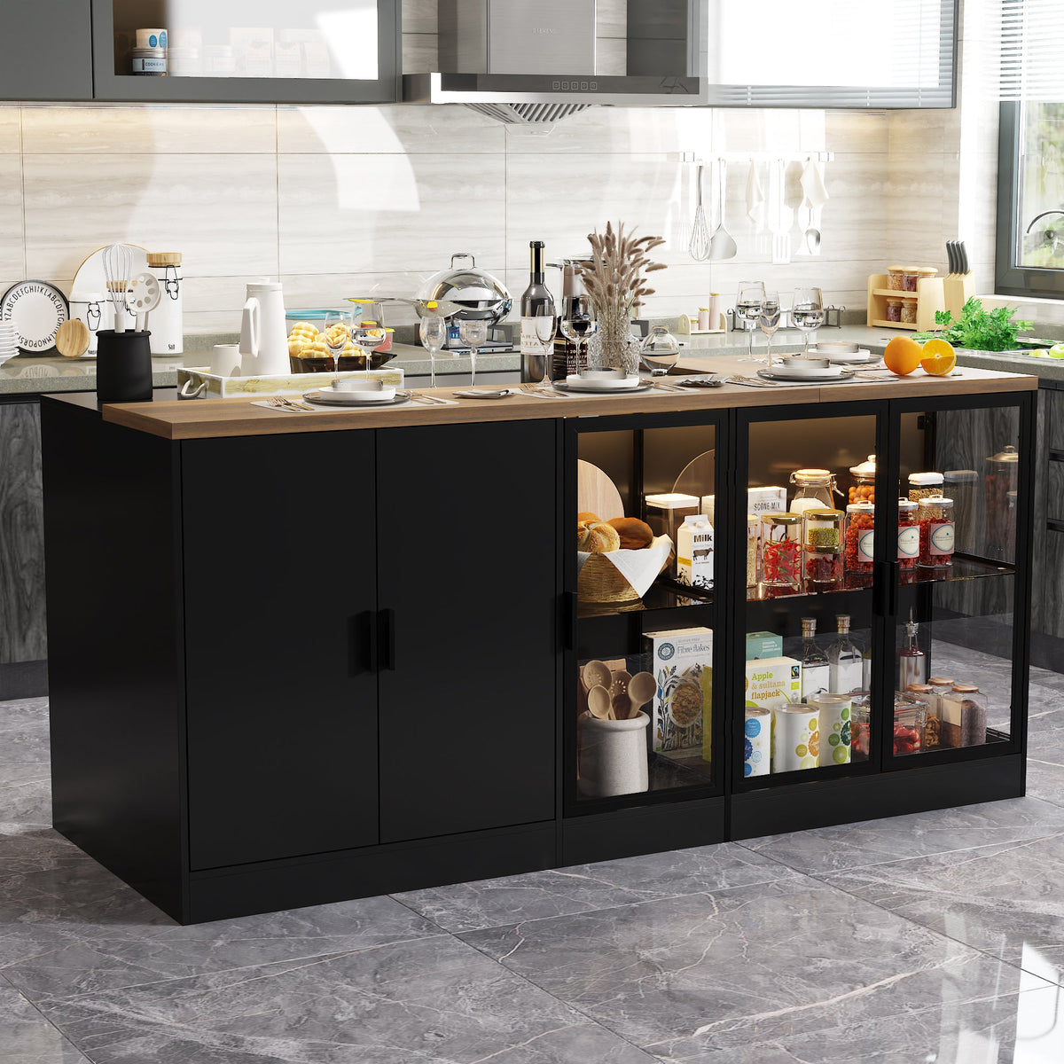 77.6" Modern Elegant Black Kitchen Island with 3 Drawers, Lights and Glass Doors