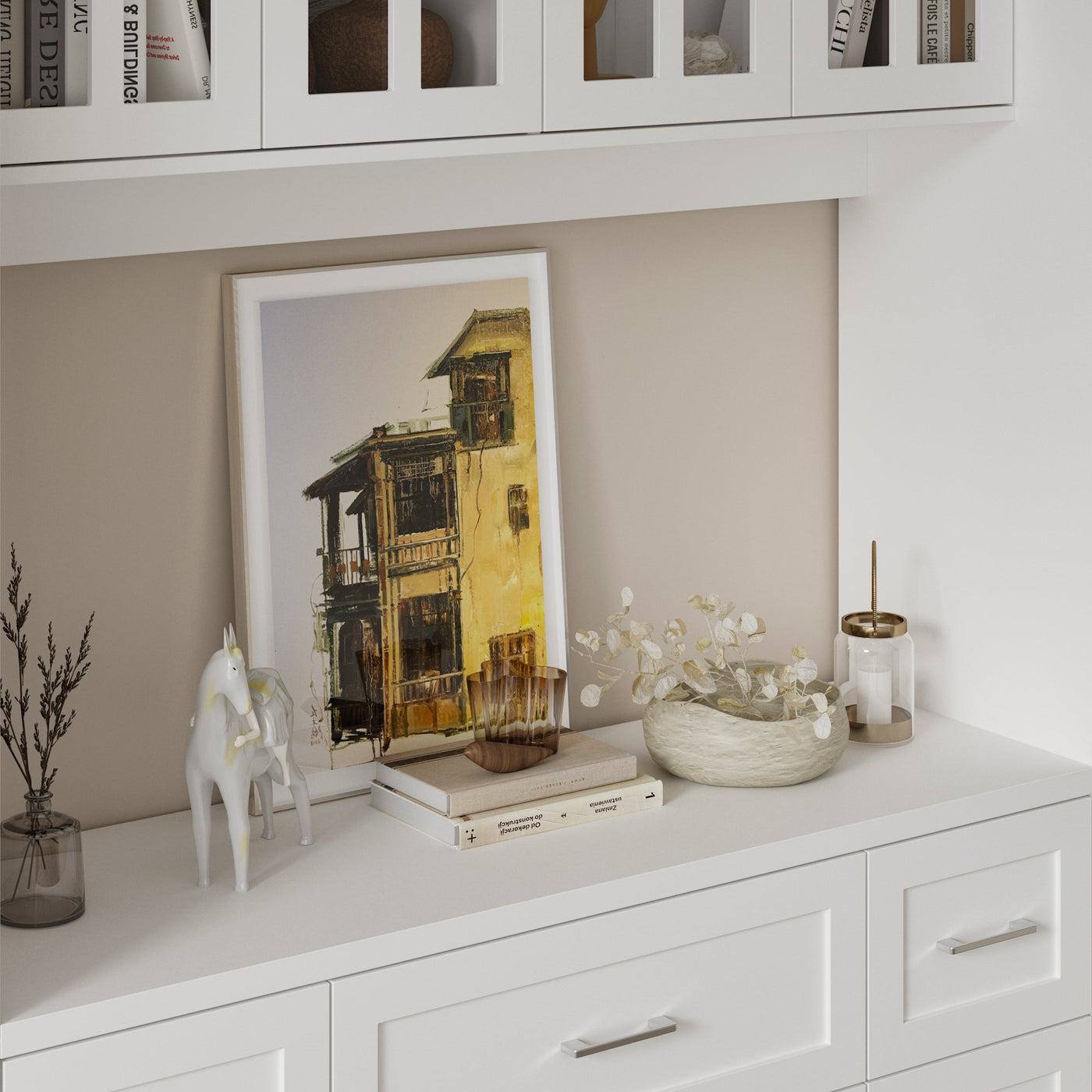 110.2" Modern White Bookcase with 11 Drawers and Glass Doors