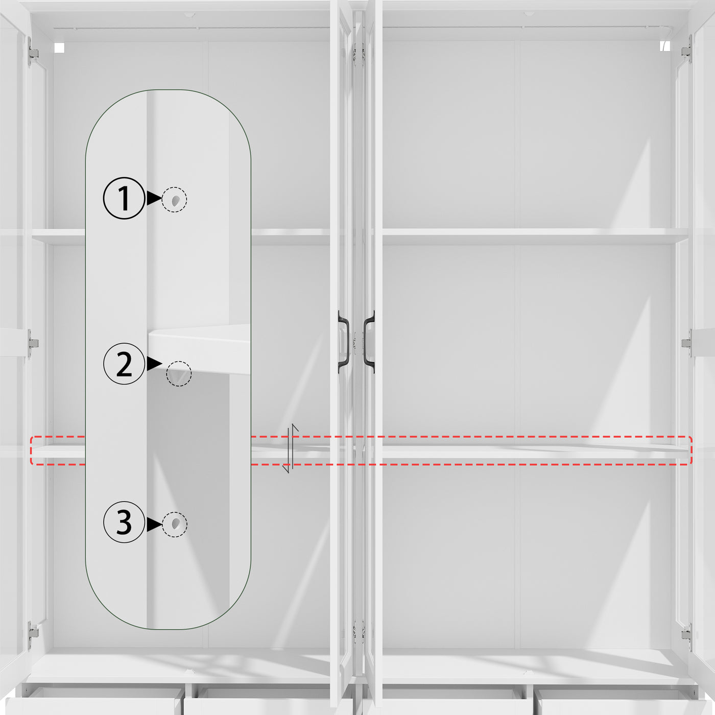 63" Smart White Display Cabinet with Bluetooth LED Lights, 8 Drawers and Glass Doors