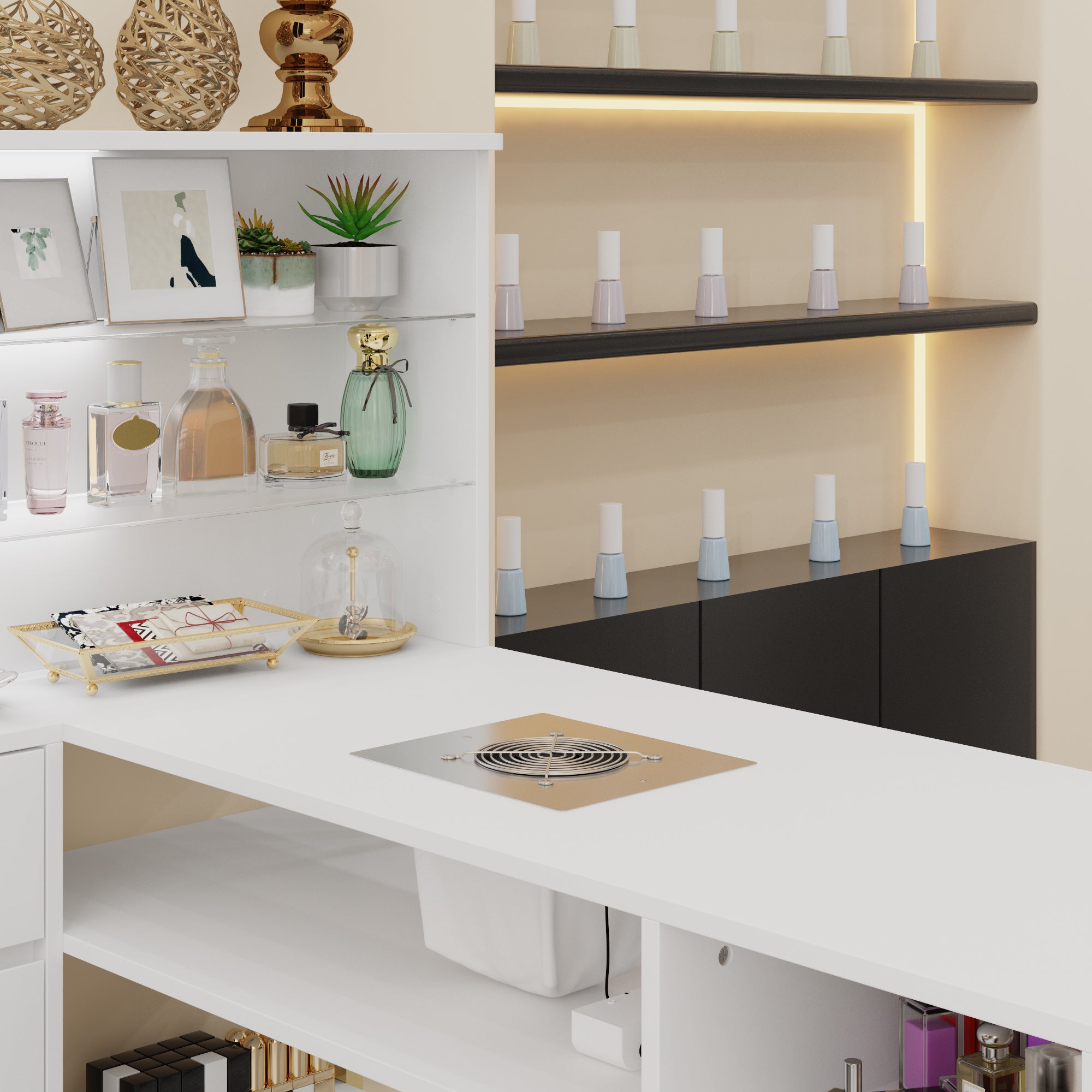 L-Shaped Manicure Nail Table Station With Electric Dust Collector