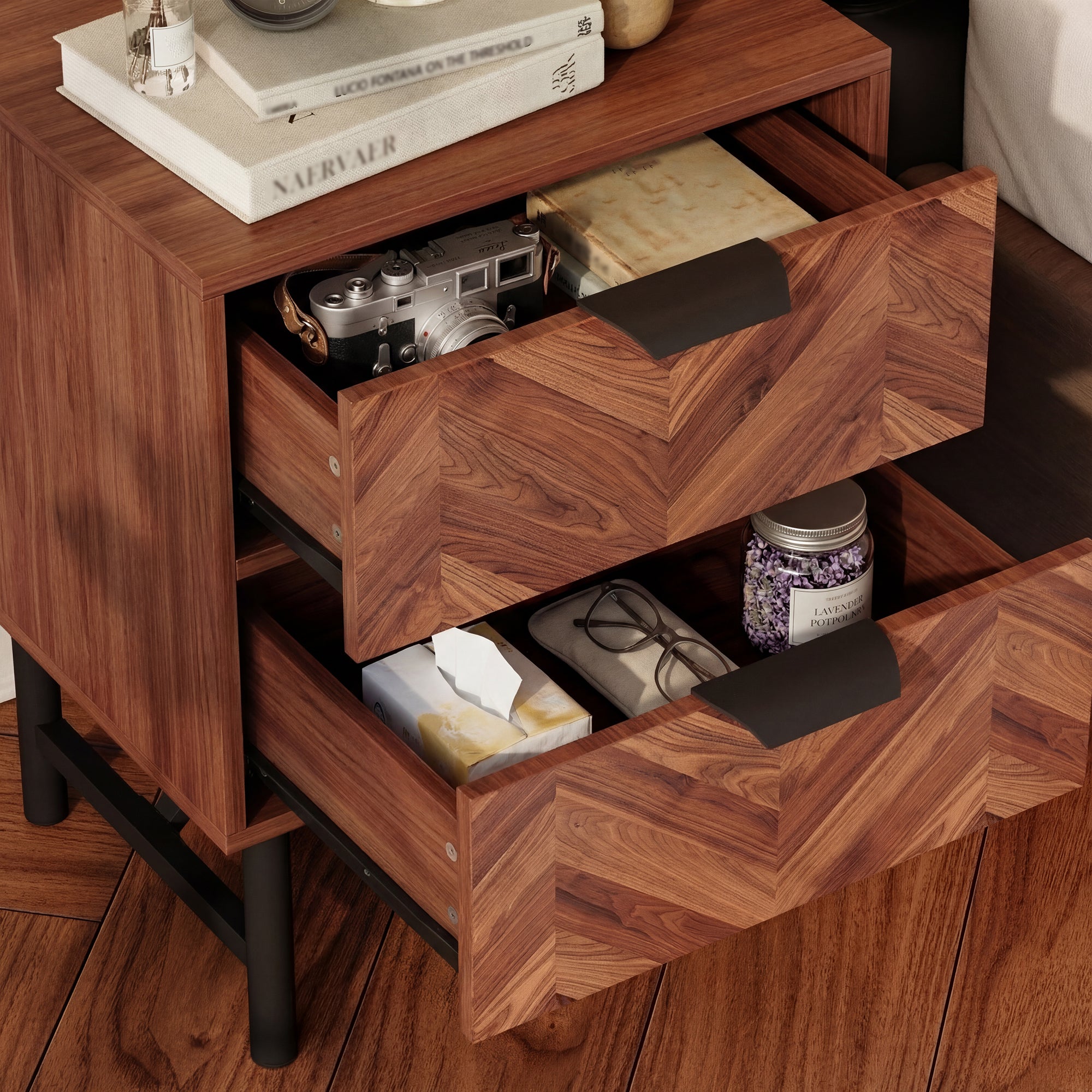 18.9" Rustic Brown Wood Grain 2-Drawer Bedside Table Nightstand