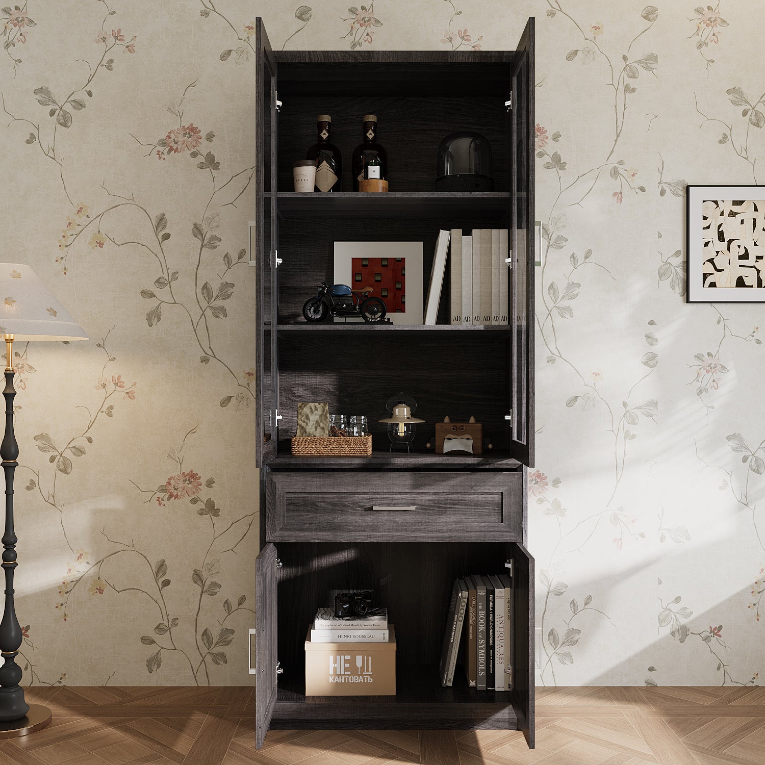 80'' H X 31.5'' W Bookcase With Glass Doors & Drawer