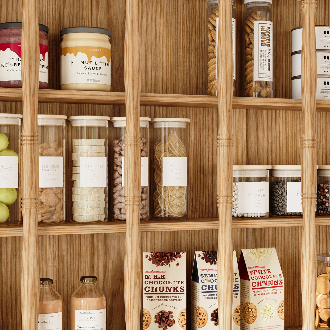 Wood wall cabinet with glass doors and open cubby shelves