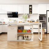 Modern kitchen with white cabinets, wooden floor, and various appliances.