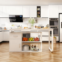 Modern kitchen with white cabinets, wooden floor, and various appliances.