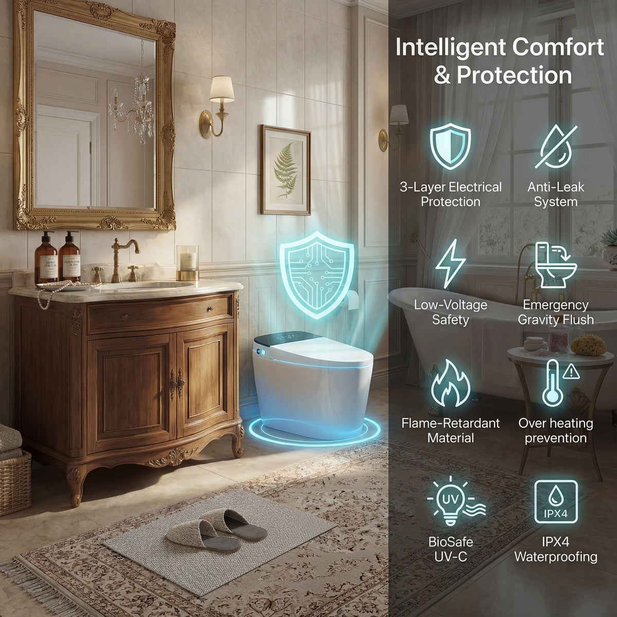 White smart toilet with compact one-piece design and side control knob