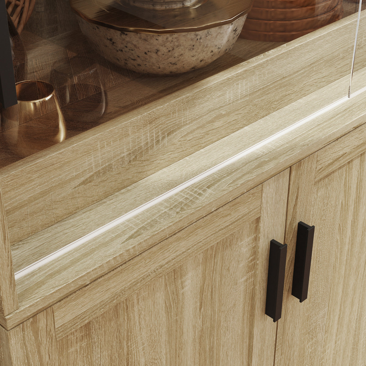 47.2 inch Modern Natural Wood Food Pantry Cabinet with Sliding Glass Doors & Ventilated Design