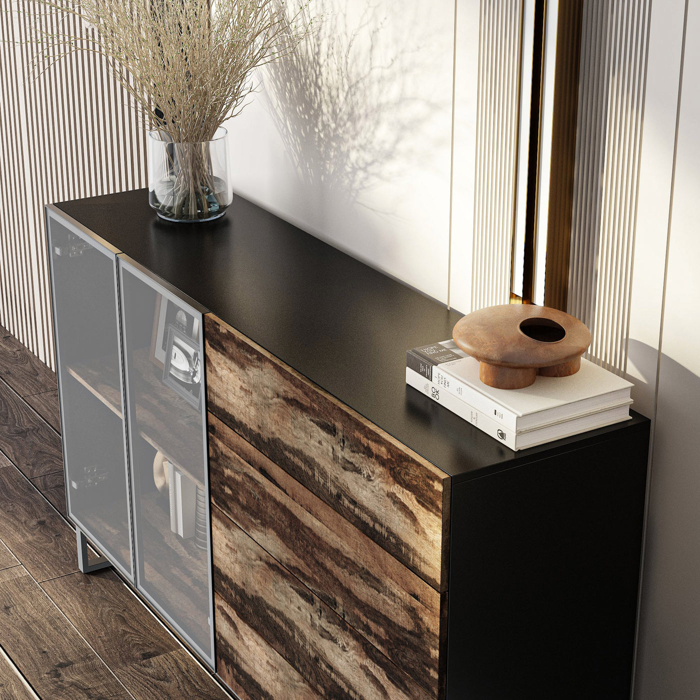 63" Modern Black & Brown Sideboard Buffet Cabinet with LED Lights & 4 Drawers