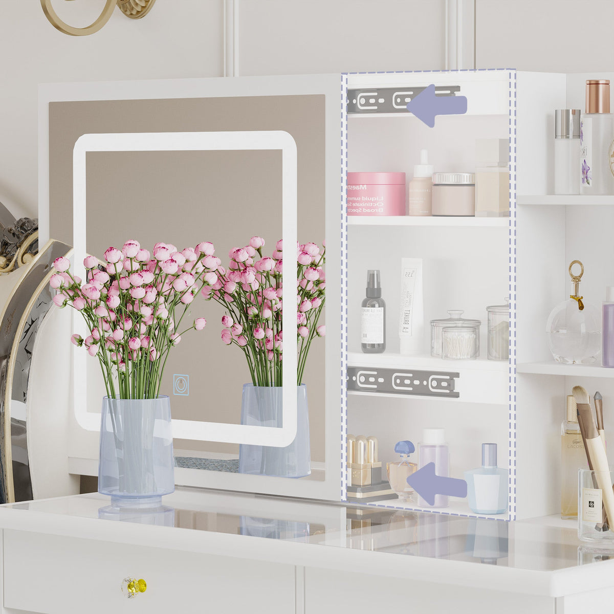 39.4" Modern White Vanity Desk Makeup Table Large Sliding Lighted Mirror Dressing Table With 5 Drawers Hidden Shelves