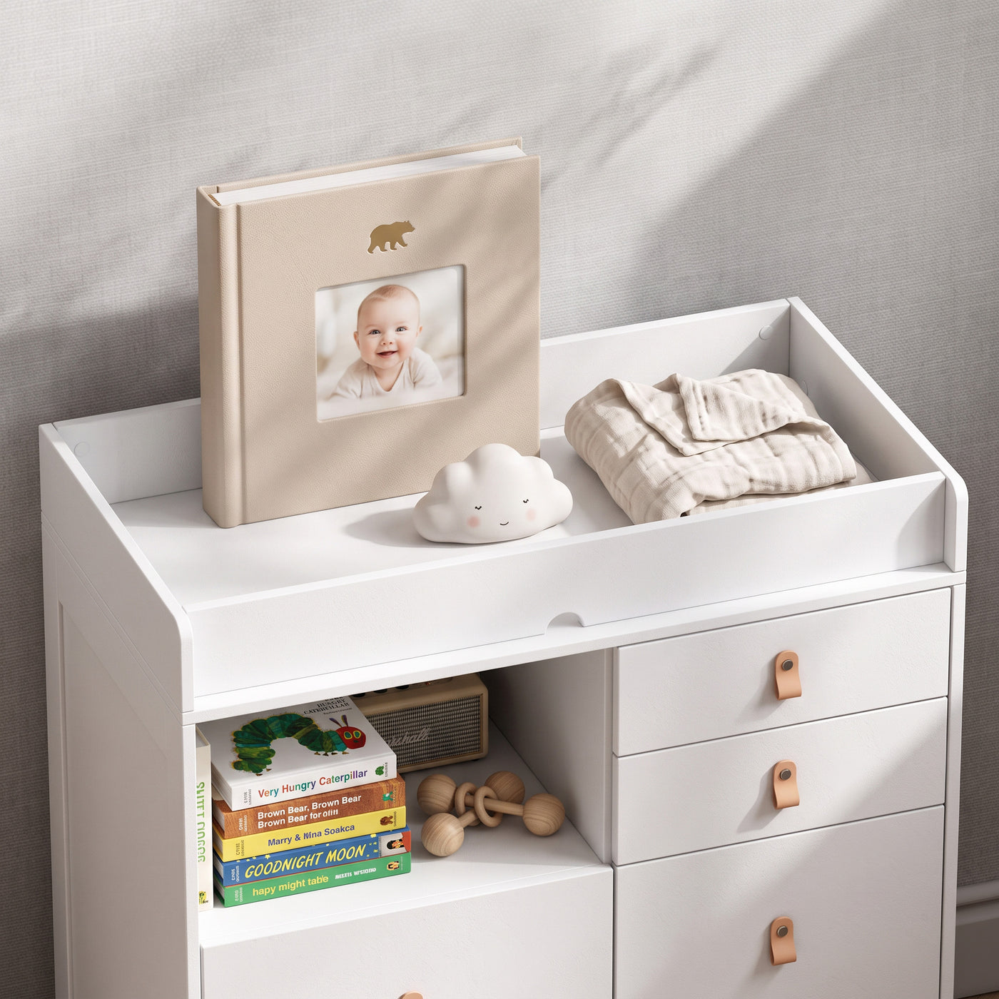 47.2" Modern White Changing Table Dresser with 3 Drawers & 2 Storage Cabinets