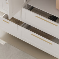 White armoire with mirror door, top cabinets, and lower drawers